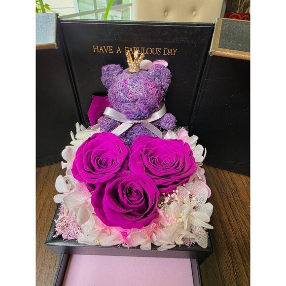 Luxury Black Gift Box With Purple Teddy Bear Preserved Roses & Decorative Flower - Picture 2 of 14